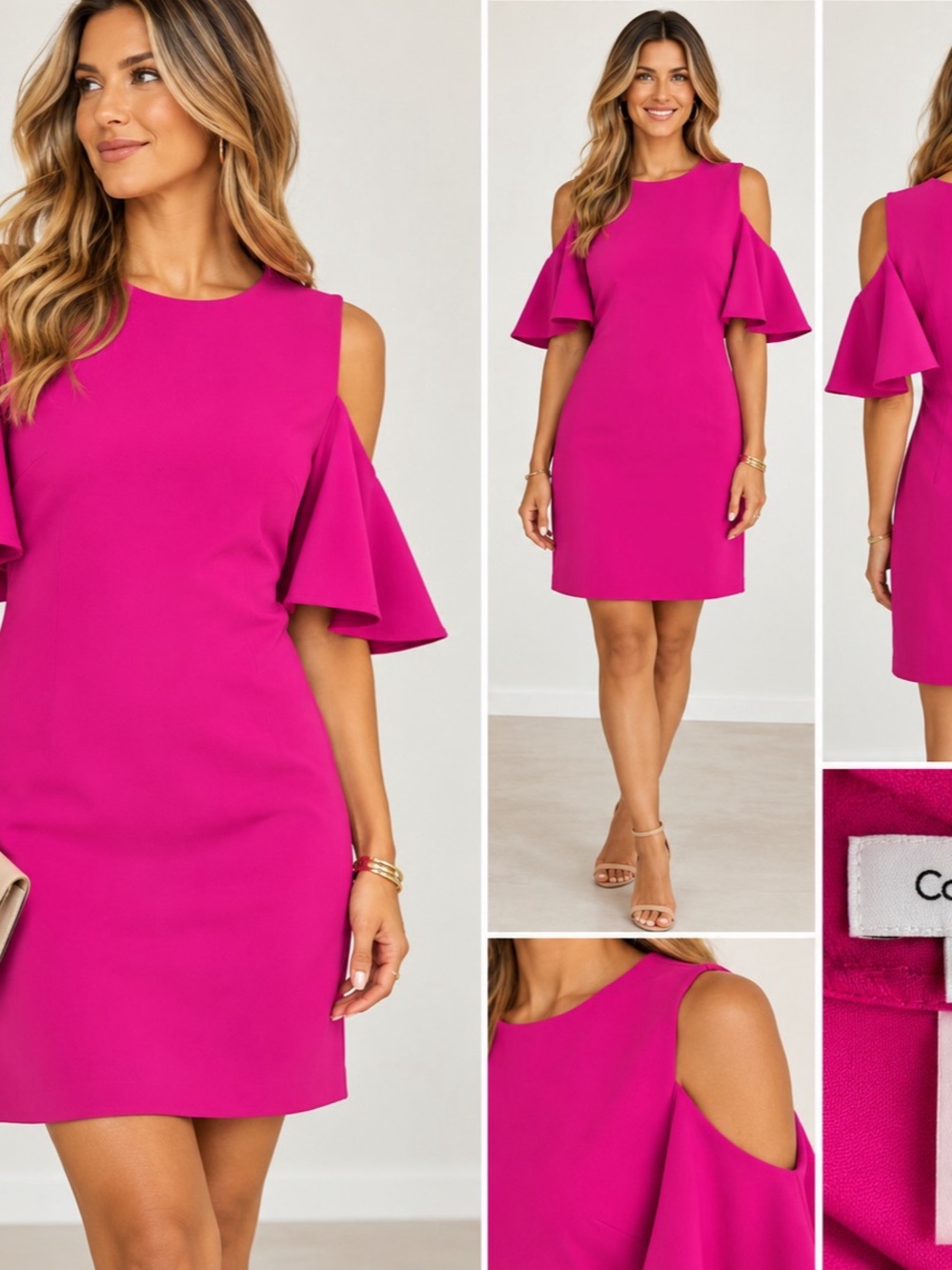 Calvin Klein Fuchsia Pink Cold Shoulder Bell Sleeve Sheath Dress Size 6